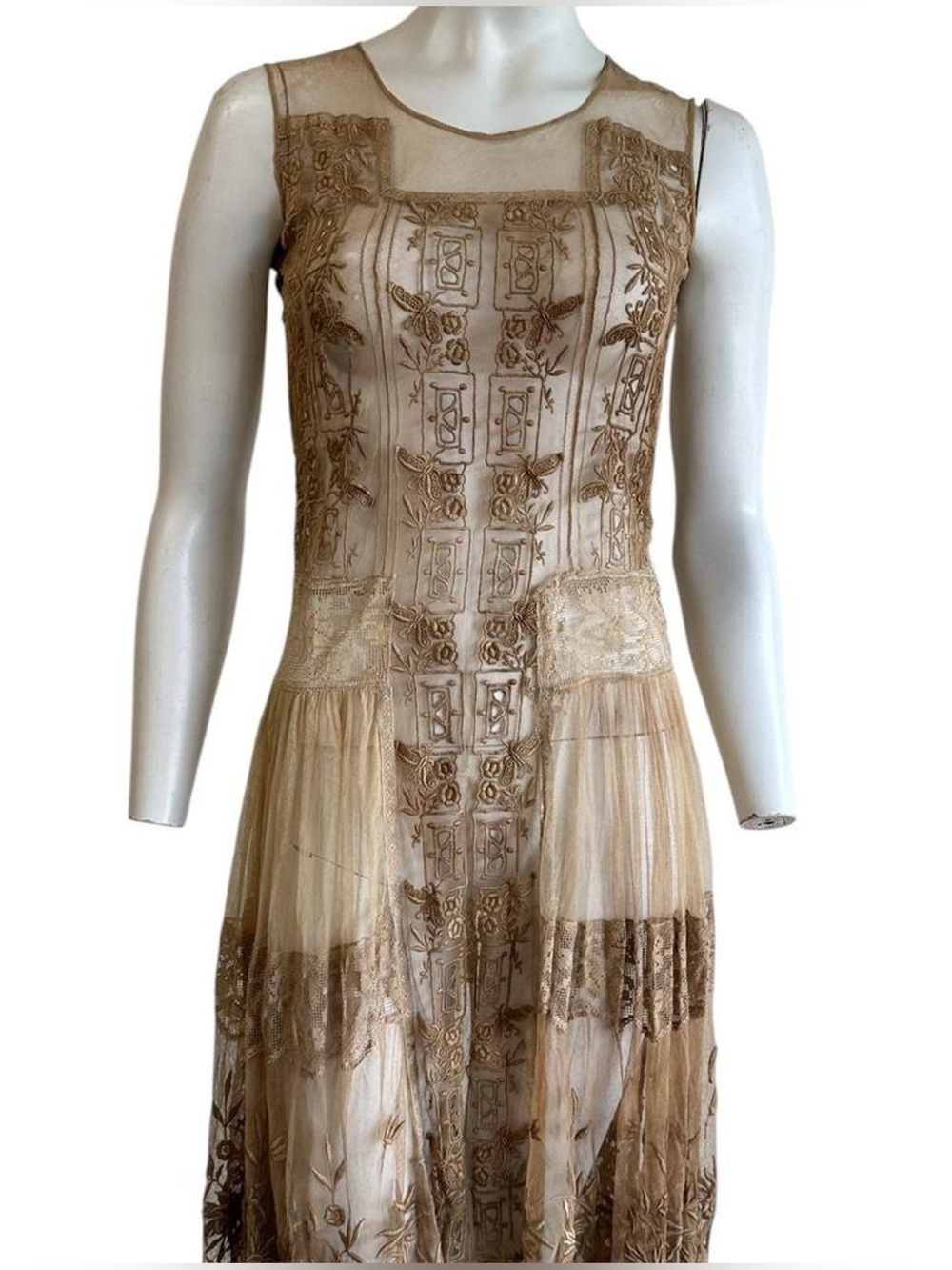 Antique 1920s Butterfly Embroidered Lace Dress Sheer Net Lingerie Ivory AS IS